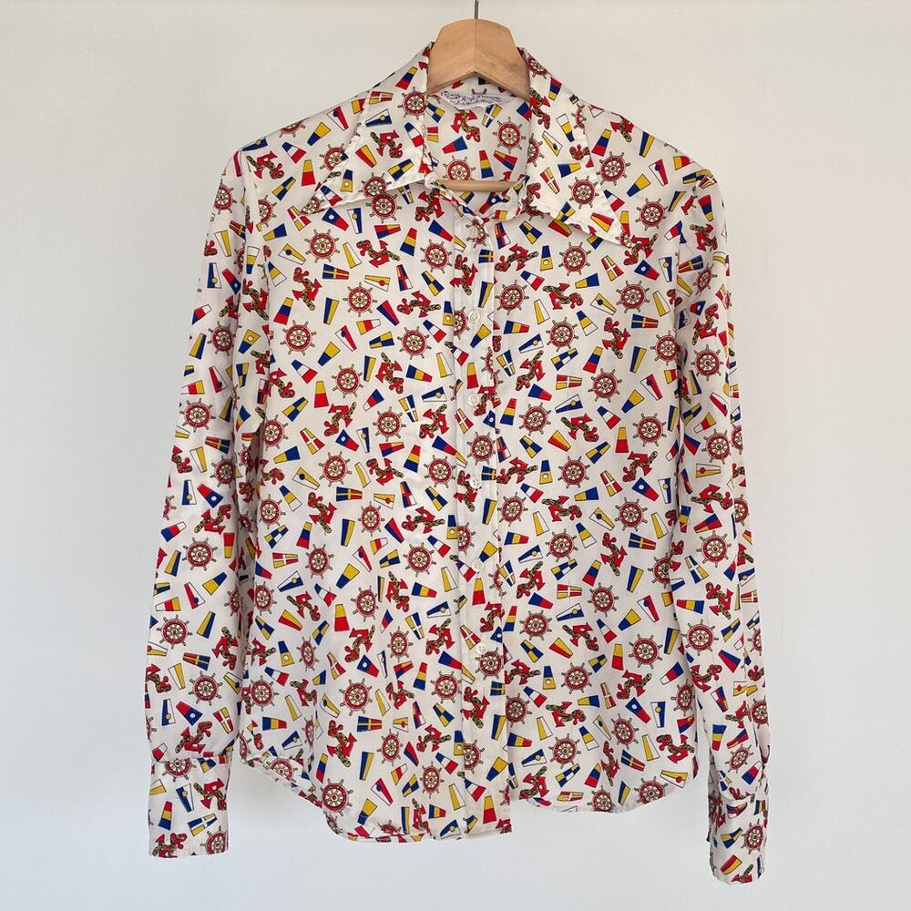 Vintage 70's Le Soft Shirt Lady Manhattan Nautical Sailor Button Up Shirt Sz M